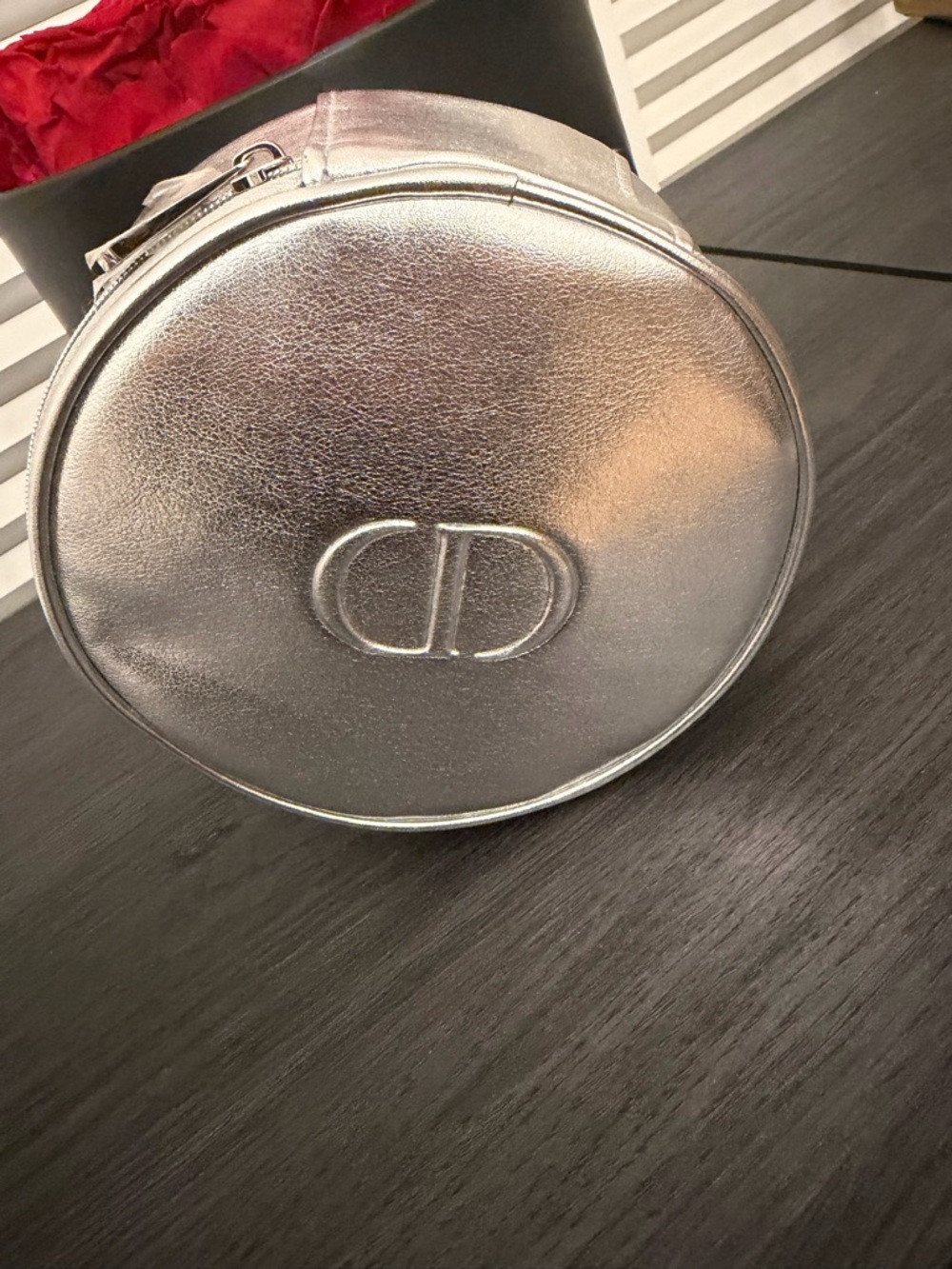GWP-Christian Dior Round Metallic Silver Cosmetic Case with Embossed Logo